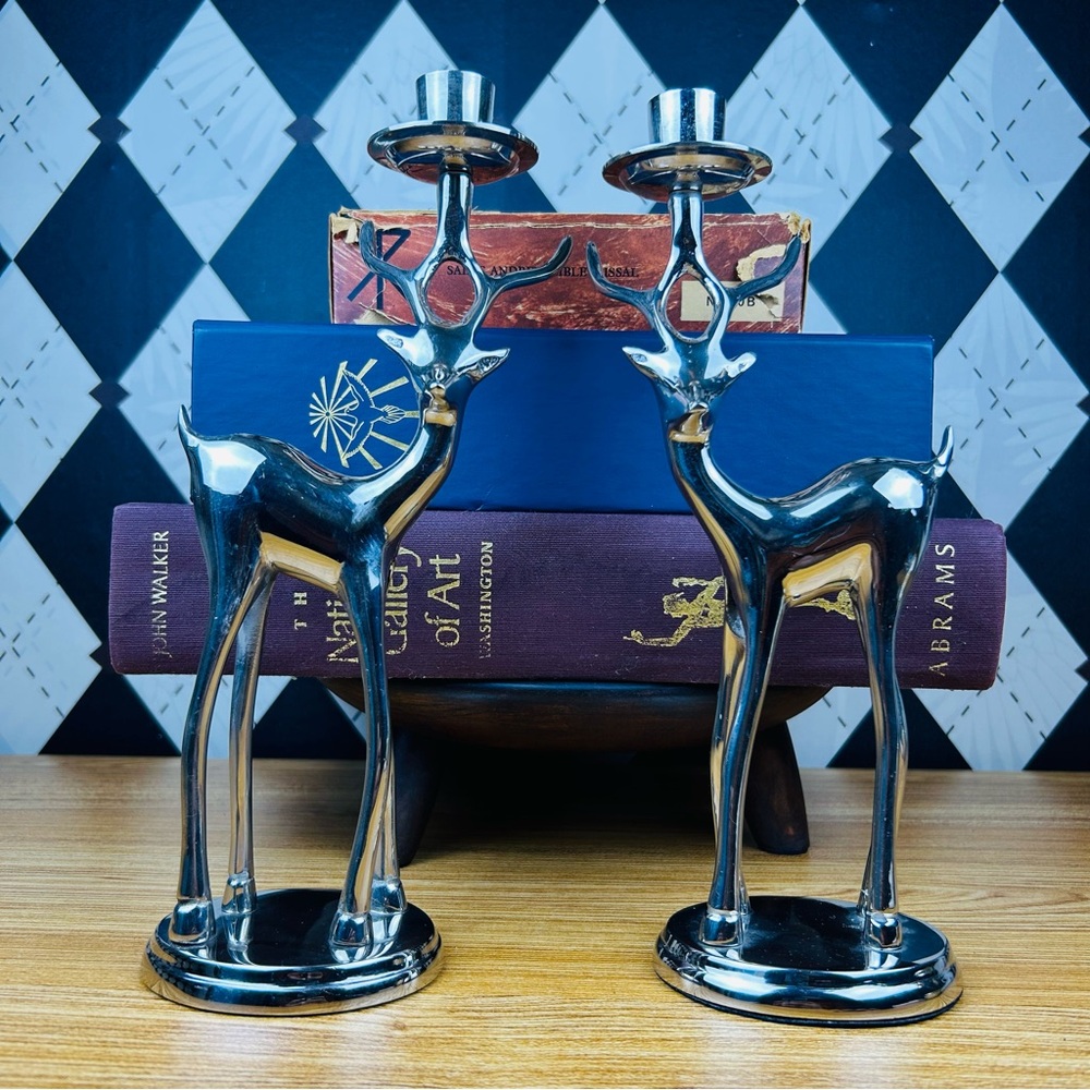 Chrome Deer Candle Holders Mid-Century Modern Sculptural Décor Bombay Vintage
